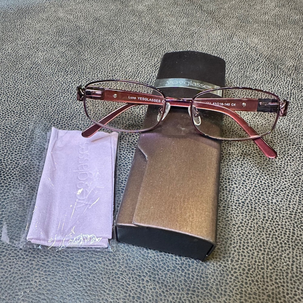YesGlasses Luxe 4351 Wine Metal Oval Eyeglass Frames 53-16-140 Slight Tint Case